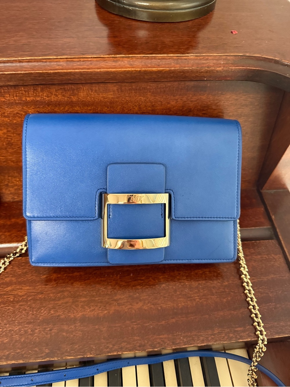 Roger Vivier Blue Leather Crossbody with Gold Buckle